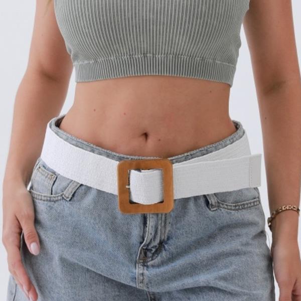 RAFFIA SOLID COLOR BELT WITH WOODEN BUCKLE