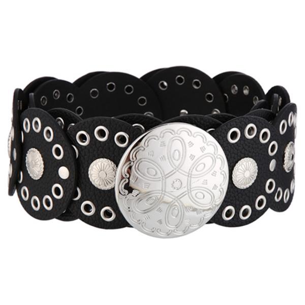 TEXTURED FAUX LEATHER GOLD METAL CIRCLE ORNAMENT EYELET STRETCH BELT