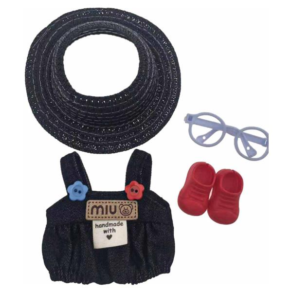MINI DOLL DENIM SUN HAT GLASSES OVERALLS SHOES OUTFIT SET