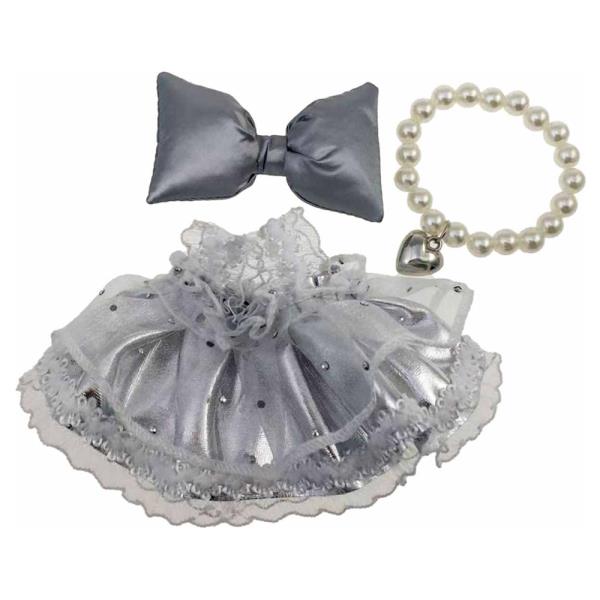 MINI DOLL GRAY DRESS BOW HAIR CLIP PEARL NECKLACE OUTFIT SET