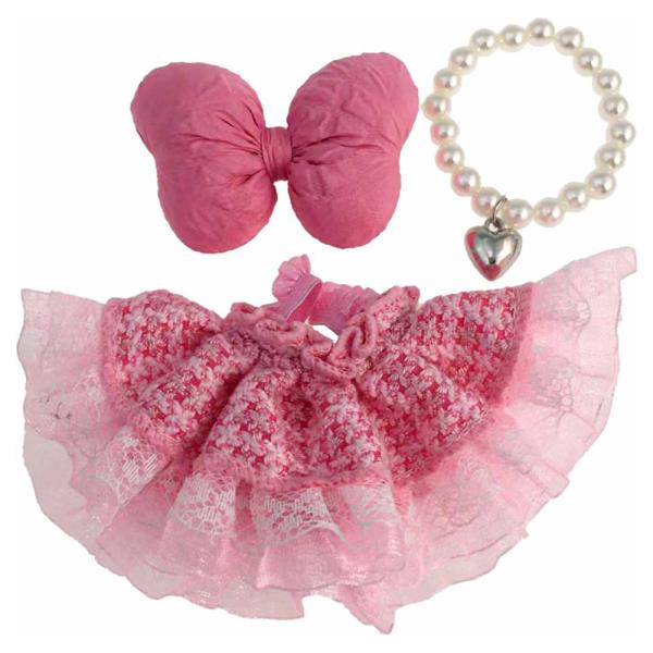 MINI DOLL TWEED DRESS BOW HAIR CLIP PEARL NECKLACE OUTFIT SET