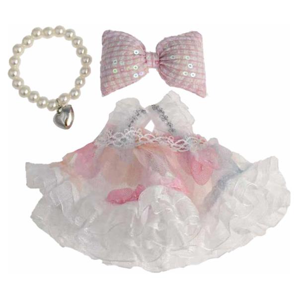 MINI DOLL DRESS BOW HAIR CLIP PEARL NECKLACE OUTFIT SET