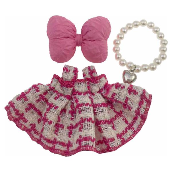 MINI DOLL TWEED DRESS BOW HAIR CLIP PEARL NECKLACE OUTFIT SET