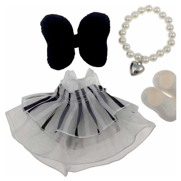 MINI DOLL BLACK AND WHITE DRESS BOW HAIR CLIP PEARL NECKLACE SHOES OUTFIT SET