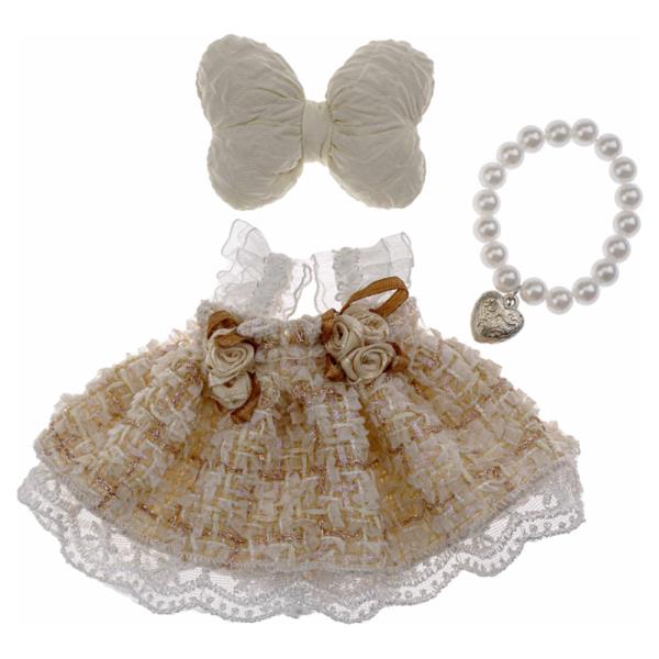 MINI DOLL BOW ACCENT TWEED LACE FLOWER DRESS PEARL NECKLACE OUTFIT SET