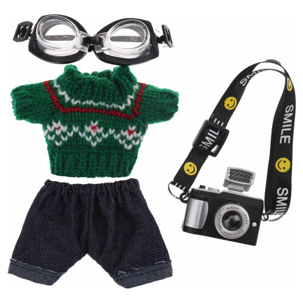 MINI DOLL GRAPHIC KNIT TOP DENIM SHORTS GOGGLES CAMERA OUTFIT SET