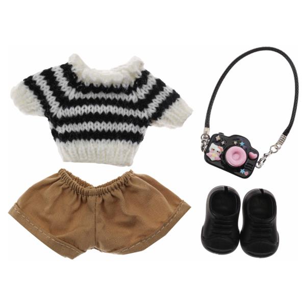 MINI DOLL STRIPED KNIT TOP COTTON SHORTS CAMERA SHOES OUTFIT SET
