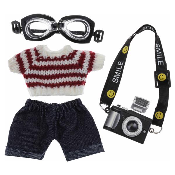 MINI DOLL STRIPED KNIT TOP DENIM SHORTS GOGGLES CAMERA OUTFIT SET