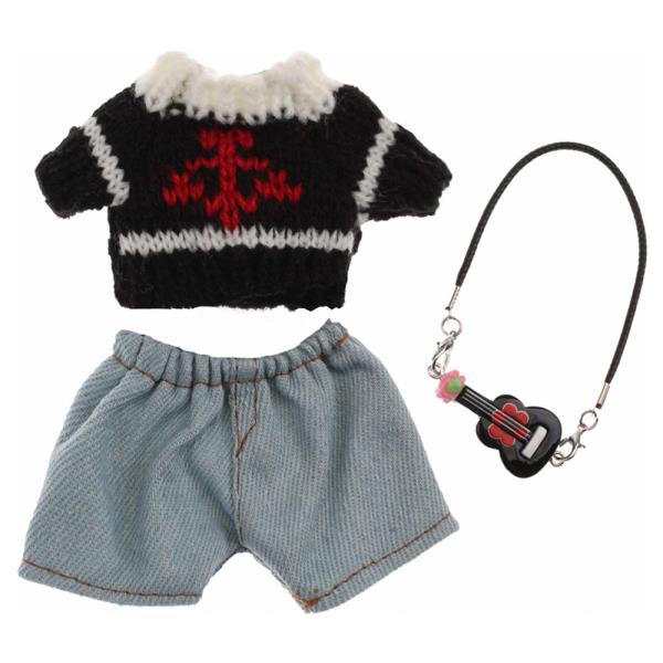 MINI DOLL COLLAR GRAPHIC KNIT TOP LIGHT DENIM SHORTS GUITAR OUTFIT SET