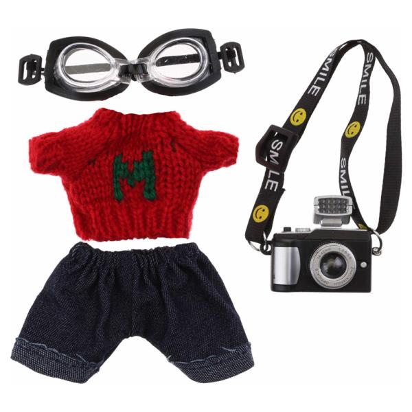 MINI DOLL LETTER GRAPHIC KNIT TOP DENIM SHORTS GOGGLES CAMERA OUTFIT SET