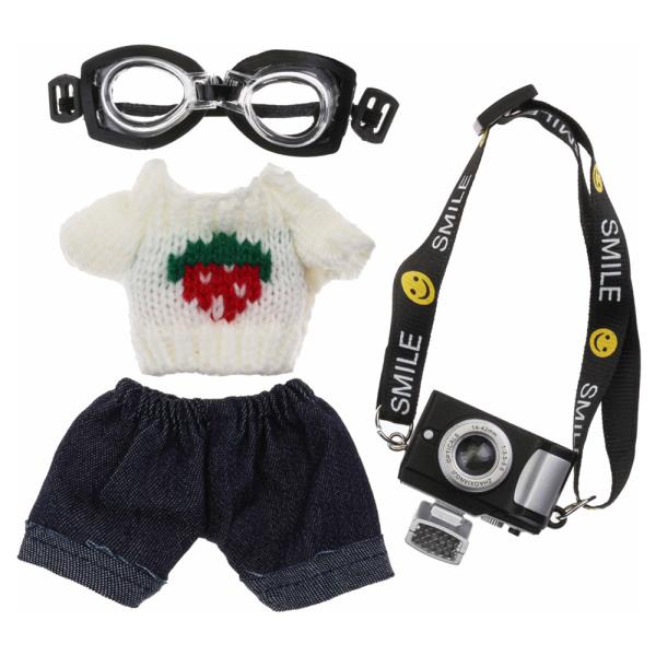 MINI DOLL STRAWBERRY GRAPHIC KNIT TOP DENIM SHORTS GOGGLES CAMERA OUTFIT SET