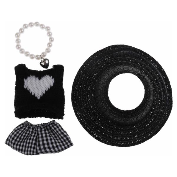 MINI DOLL HEART GRAPHIC KNIT TOP CHECK PATTERN SKIRT STRAW HAT PEARL BRACELET OUTFIT SET