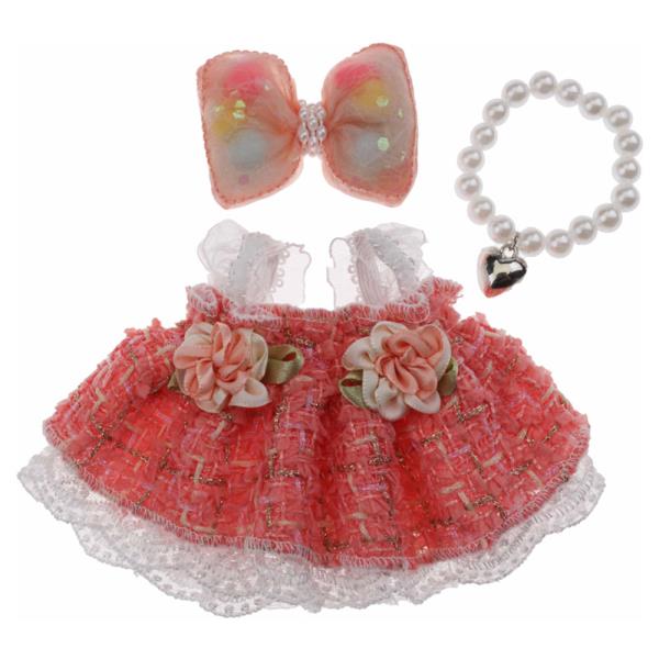 MINI DOLL BOW ACCENT TWEED LACE FLOWER DRESS PEARL NECKLACE OUTFIT SET