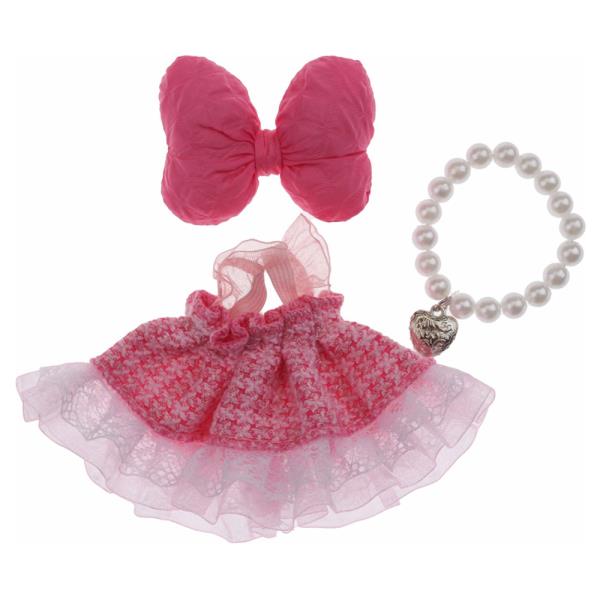 MINI DOLL BOW ACCENT TWEED LACE DRESS PEARL NECKLACE OUTFIT SET