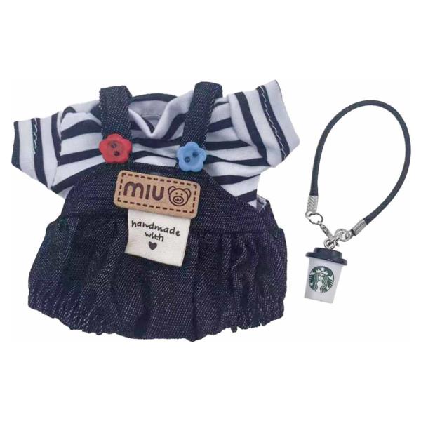 MINI DOLL STRIPED TEE DENIM OVERALLS COFFEE CUP OUTFIT SET
