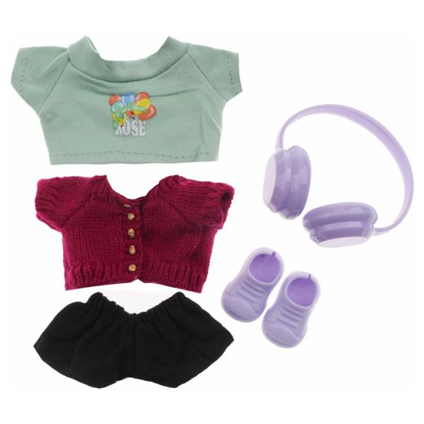 MINI DOLL KNIT SWEATER BALLOON GRAPHIC TOP SHORTS PLASTIC SHOES HEADPHONES OUTFIT SET