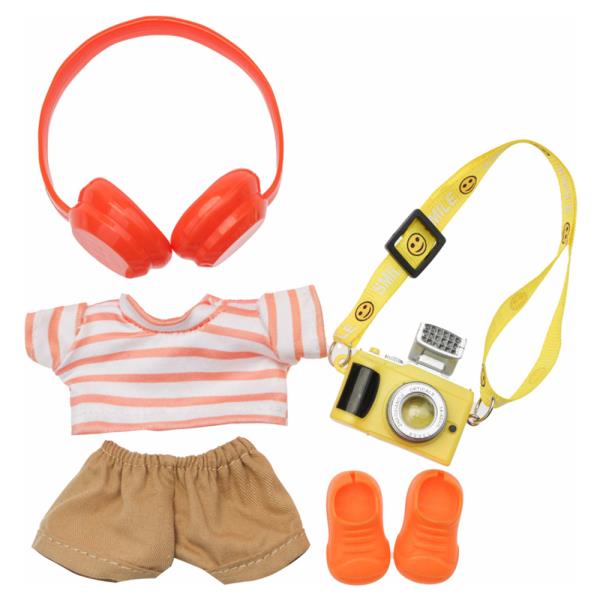 MINI DOLL STRIPE TEE SHORTS CAMERA HEADPHONES SHOES OUTFIT SET