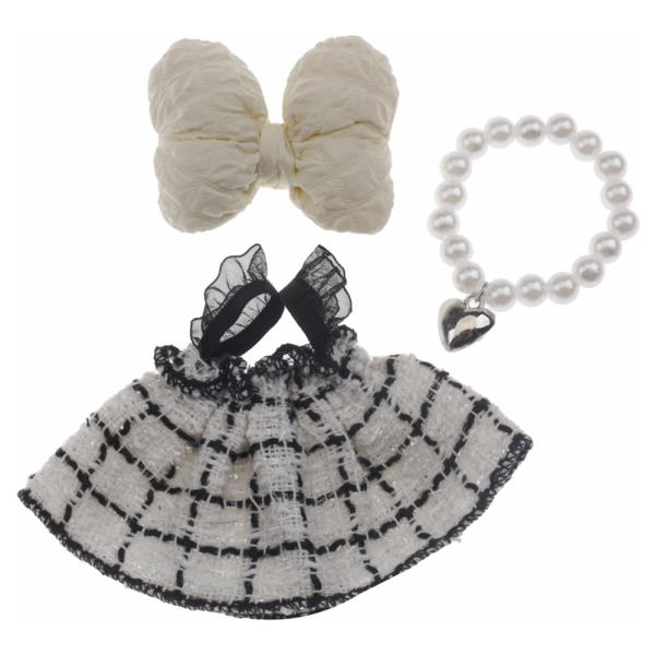 MINI DOLL TWEED DRESS BOW HAIR CLIP PEARL NECKLACE OUTFIT SET