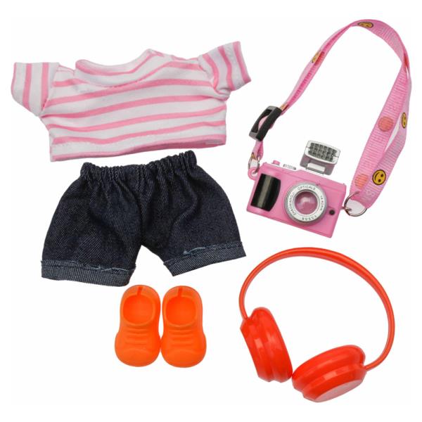 MINI DOLL STRIPE TEE DENIM SHORTS CAMERA HEADPHONES SHOES OUTFIT SET