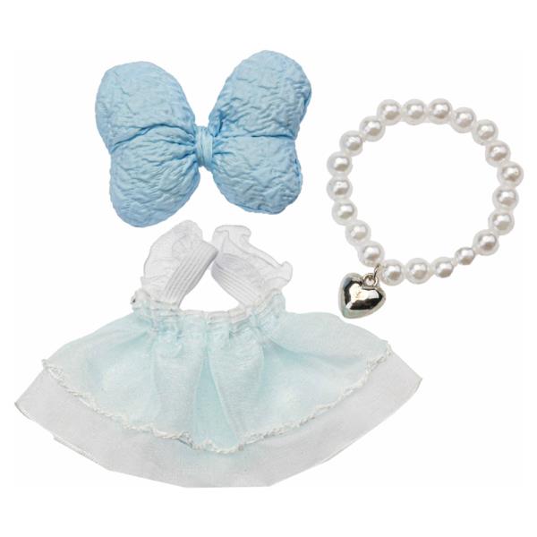 MINI DOLL FABRIC BOW TULLE TRIM DRESS NECKLACE OUTFIT SET