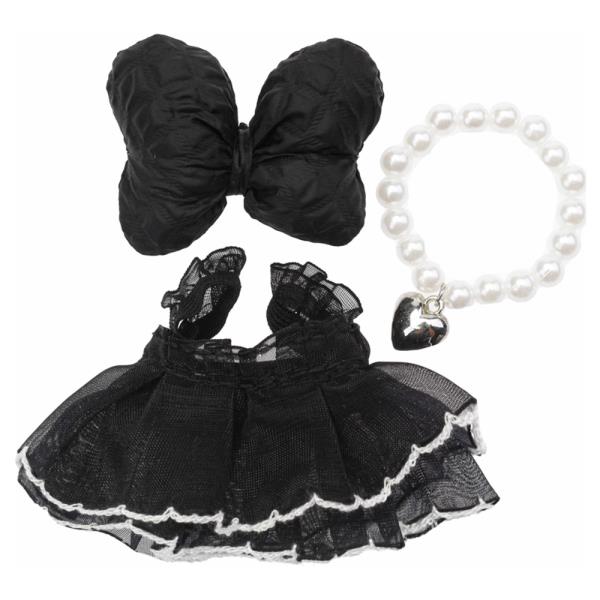MINI DOLL FABRIC BOW TULLE TRIM DRESS NECKLACE OUTFIT SET