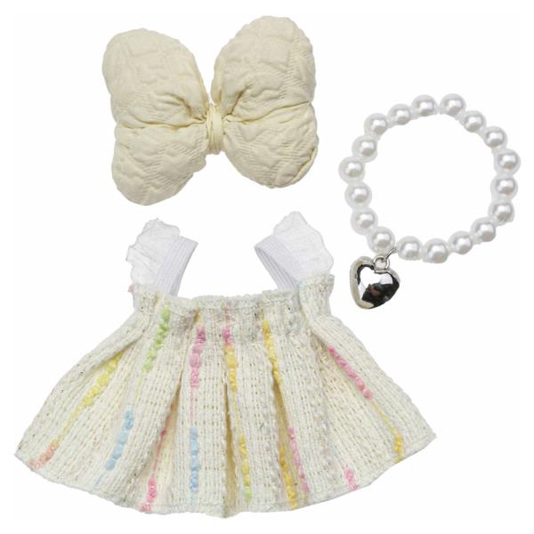 MINI DOLL FABRIC BOW TWEED STRIPE DRESS NECKLACE OUTFIT SET