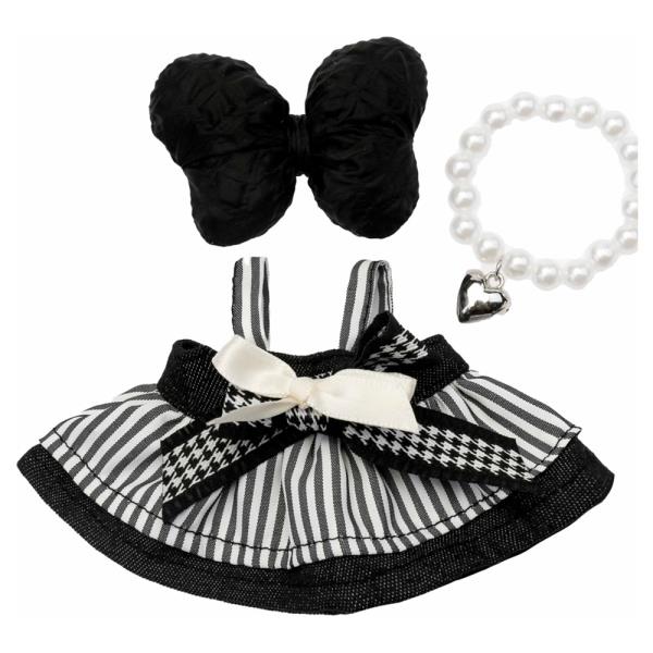 MINI DOLL FABRIC BOW STRIPE HOUNDSTOOTH DRESS PEARL NECKLACE OUTFIT SET
