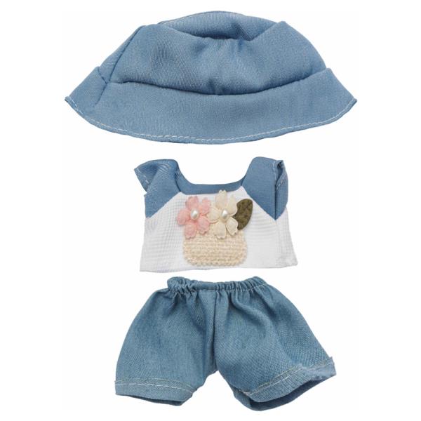 MINI DOLL FABRIC HAT FLORAL BASKET TOP DENIM SHORTS OUTFIT SET