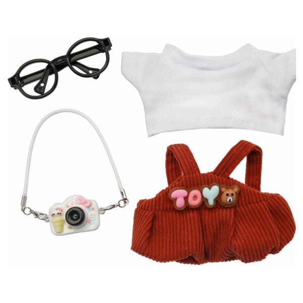 MINI DOLL PLASTIC GLASSES WHITE TEE CORDUROY OVERALLS CAMERA OUTFIT SET