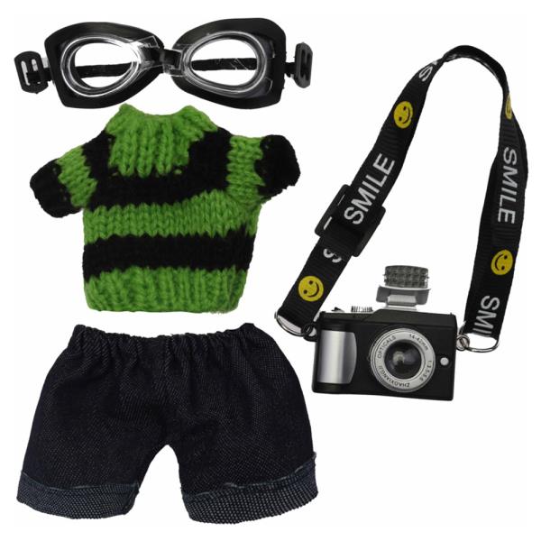 MINI DOLL KNIT STRIPE SWEATER DENIM SHORTS CAMERA OUTFIT SET