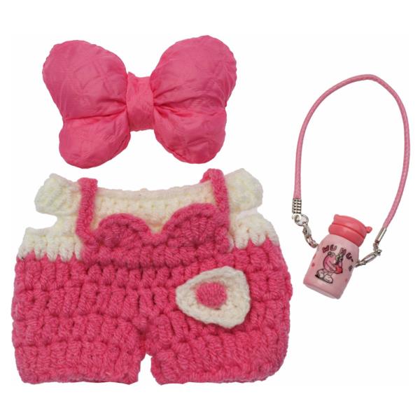 MINI DOLL KNIT BOW OVERALLS MILK BOTTLE OUTFIT SET