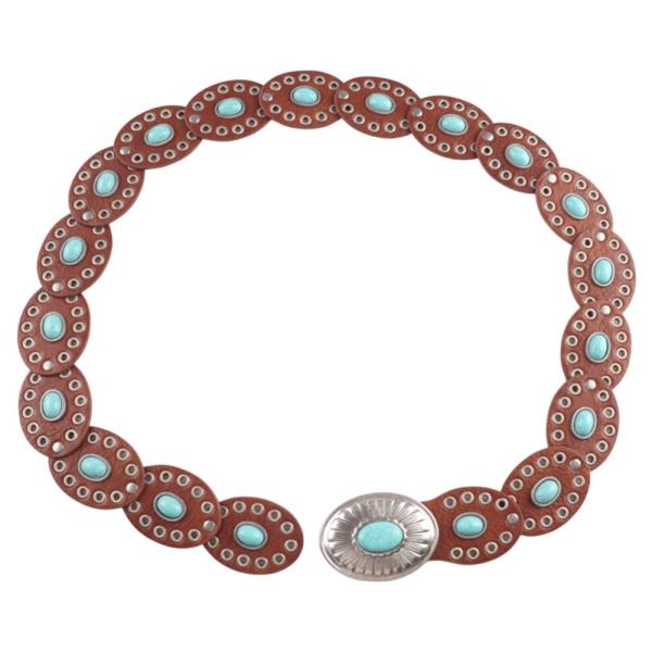 SUEDE TEXTURED TURQUOISE STONE OVAL LINK CONCHO BUCKLE WESTERN Y2K STYLE BELT