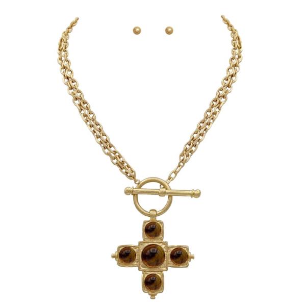 CROSS BEADED PENDANT TOGGLE CLASP LAYERED NECKLACE