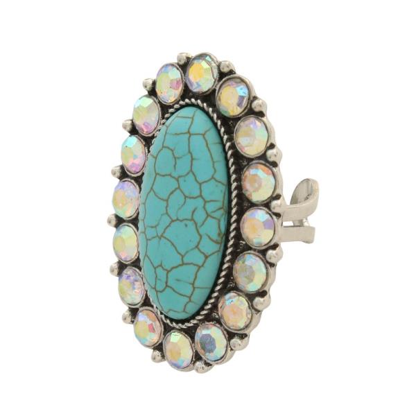 WESTERN TURQUOISE OVAL RHINESTONE ADJUSTABLE RING
