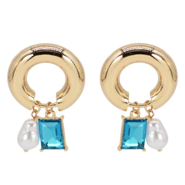 PEARL BEAD CRYSTAL HOOP METAL EARRING