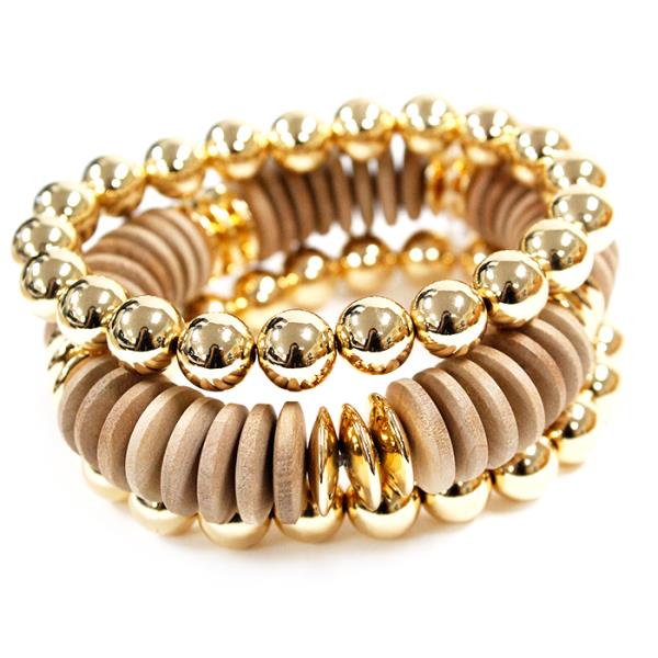 METAL WOOD BEAD STRETCH BRACELET SET