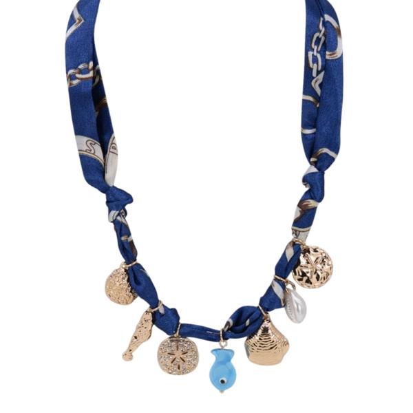 PEARL FISH SHELL MIXED MULTI CHARMS FABRIC SCARF NECKLACE