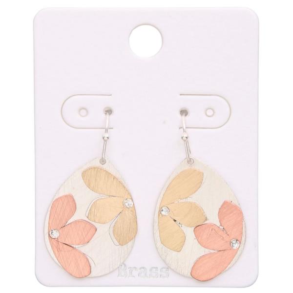 TEARDROP FLOWER PATTERN BRUSHED METAL DANGLE EARRING