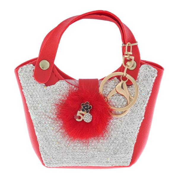 RHINESTONE FUR ACCENT TOTE BAG CHARM KEYCHAIN