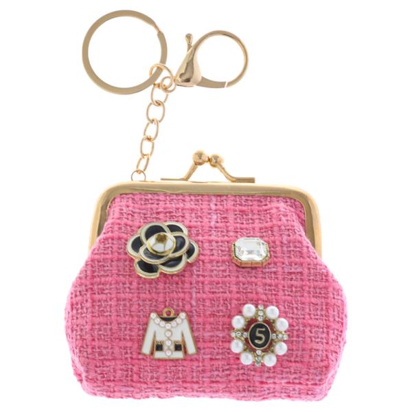 FLOWER DRESS STONE STUDDED FABRIC COIN PURSE CHARM BAG CHARM KEYCHAIN