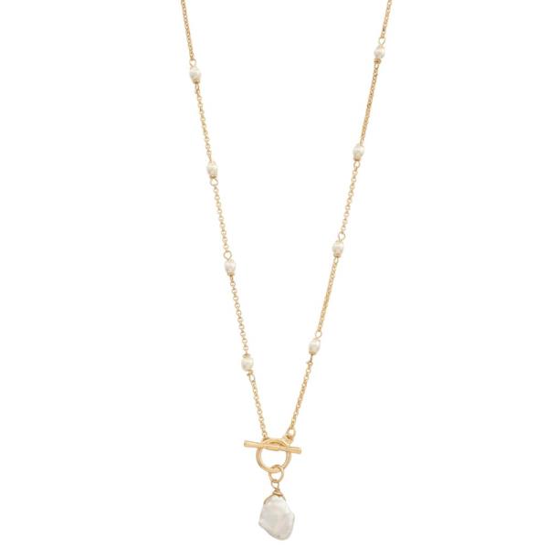 PEARL BEAD TOGGLE CLASP STATION NECKLACE