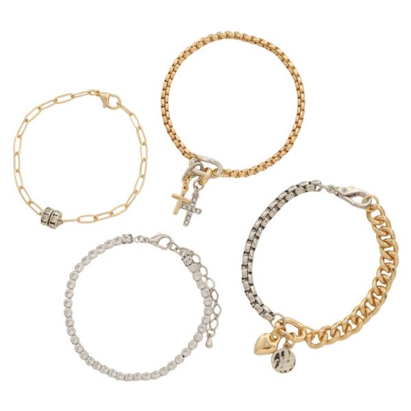 TWO TONE CROSS HEART CHARM ASSORTED BRACELET SET