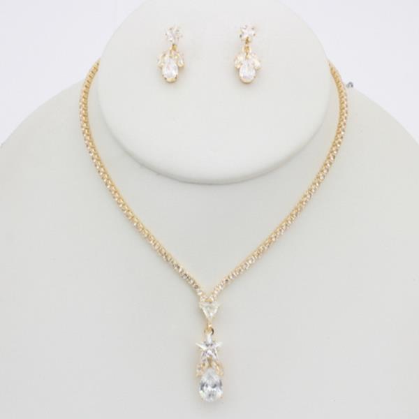 CZ STONE TEARDROP PENDANT NECKLACE EARRINGS SET