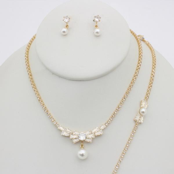 CZ BOW PEARL PENDANT NECKLACE EARRING BRACELET SET