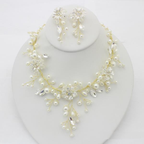 PEARL RHINESTONE CLUSTER NECKLACE EARRING SET