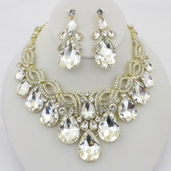 CRYSTAL LARGE TEARDROP STATEMENT NECKLACE EARRING SET