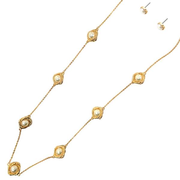 PEARL BEAD METAL STATION NECKLACE
