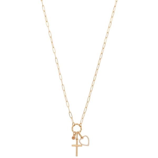 CROSS HEART CRYSTAL CHARM METAL NECKLACE
