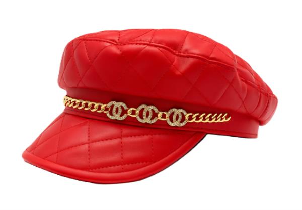 QUILTED FAUX LEATHER CHAIN DETAIL CABBIE NEWSBOY BERET HAT