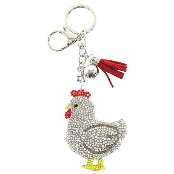 RHINESTONE CHICKEN KEYCHAIN WITH TASSEL
